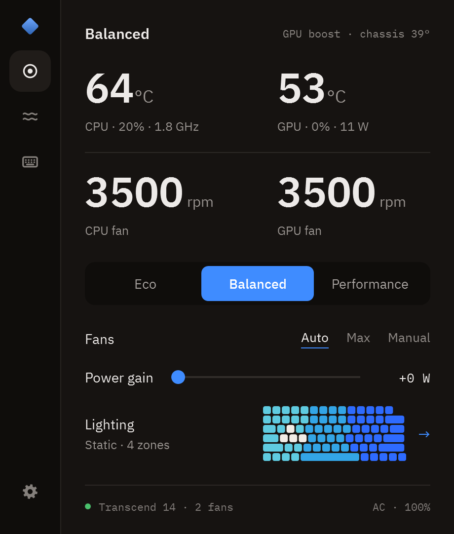 The Ohman panel: Eco, Balanced and Performance buttons, live CPU and GPU temperatures and fan speeds, and rows for fans, power gain and keyboard lighting.