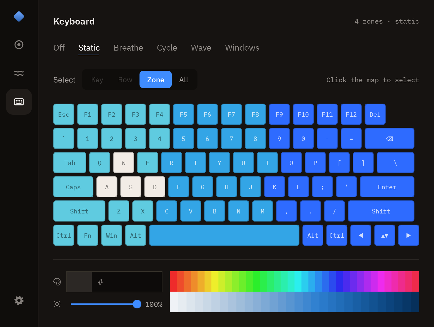 The Keyboard page: the board in its real zone colours, with hue and shade strips.