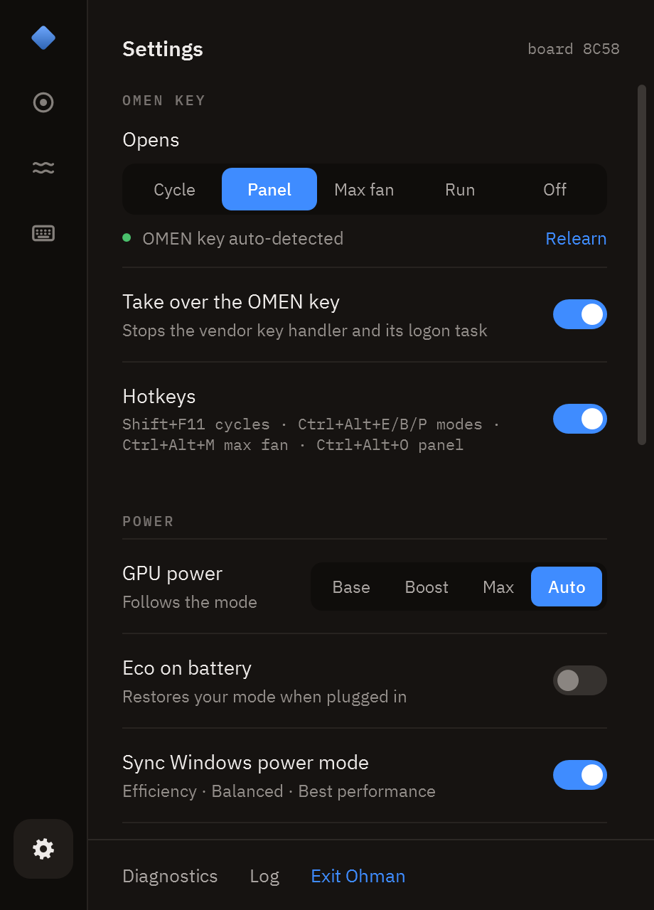 The Settings page: the OMEN key, power, display and app sections.